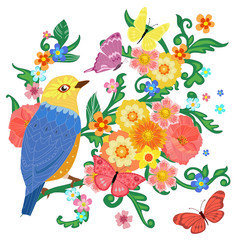 colorful invitation card with happy bird sitting on flowering br