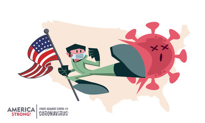 Person with biohazard suit holding national flag fighting coronavirus pandemic or coronavirus outbreake 2019 COVID-19. National map on background. Scalable and editable vector illustration.