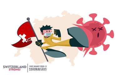 Person with biohazard suit holding national flag fighting coronavirus pandemic or coronavirus outbreake 2019 COVID-19. National map on background. Scalable and editable vector illustration.