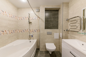 Russia, Moscow- December 05, 2019: interior room apartment modern bright cozy atmosphere. general cleaning, home decoration, preparation of house for sale. bathroom, sink, decoration elements, toilet.