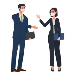 Fototapeta premium Business woman and businessman rejoice in success. Victory came after hard and long work. Both in protective masks. The fight against coronovirus. Vector illustration in a flat style.