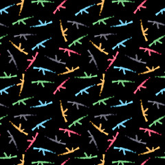 Seamless repeating pattern of colorful ak47 assault rifles on black background. Digital Illustration