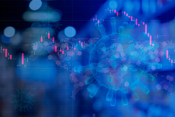 Business COVID-19 financial concept , falling stock marketing on microscopic cell coronavirus...