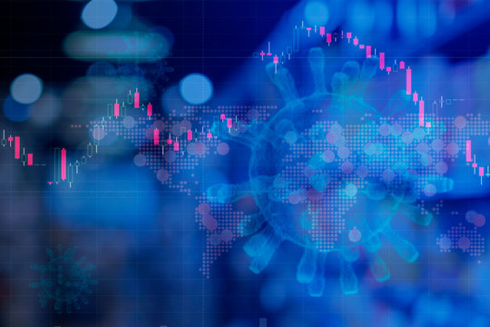 Business COVID-19 financial concept , falling stock marketing on microscopic cell coronavirus disease covid-19 in Wuhan china pneumonia representing infectious transmission hybrid coronavirus map