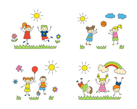 Fun children play outdoors. Cute doodle kids, boys and girls. A set of color isolated scenes. Hand drawn vector illustration on white background