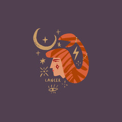 Zodiac girl Cancer character. Space head portrait sign. Vector illustration.