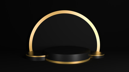 Black white and gold cylinder product display pedestal. luxury concept. Abstract geometric background, Circle frame, Podium, Stand, 3D Rendering.