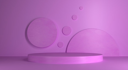 3d rendering pink podium. minimal abstract wall with circles on the wall.