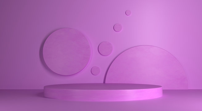 3d rendering pink podium. minimal abstract wall with circles on the wall.
