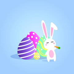 Funny cute bunny with giant colorful Easter egg on blue background, Easter rabbit background, Vector illustration