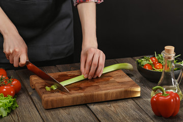 Woman cooking fresh vegetable salad. Female hands. Diet concept for healthy lifestyle with copyspace.