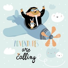 Naklejka premium Cute bear and rabbit on a plane in the sky