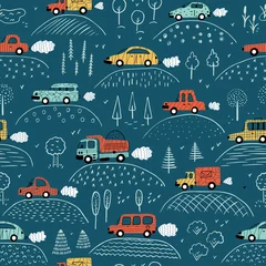 Fototapete Autos Cartoon-Transport-Hintergrund für Kinder. Vektor-nahtloses Muster mit Doodle-Spielzeugautos und Natur mit Hügeln und Bäumen