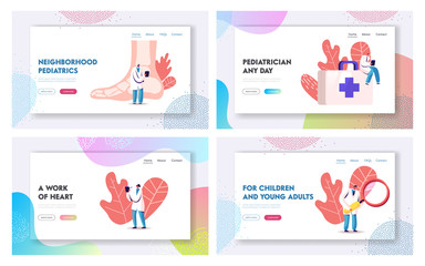 Fototapeta na wymiar Podiatry and Pediatrics Health Care Medicine Landing Page Template Set. Doctors and Nurses Characters with Medical Equipment Magnifier and Tool Box, Huge Foot. Cartoon People Vector Illustration