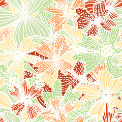 Seamless bright floral abstract pattern. Bright colors orange yellow green. Ornament for textile, scrapbooking, wrapping paper.