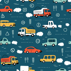 Cartoon vervoer achtergrond voor kinderen. Vector naadloos patroon met doodle speelgoedauto& 39 s en verkeersborden