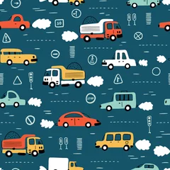 Fototapete Autos Cartoon-Transport-Hintergrund für Kinder. Vektornahtloses Muster mit Gekritzel-Spielzeugautos und Verkehrszeichen
