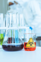 Biohazard sign or symbol in laboratory. Corona viruses or COVID-19.