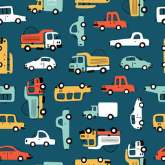 Cartoon Transportation Background for Kids. Vector Seamless Pattern with doodle Toy Cars
