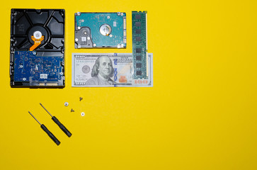 hard drives, dollars, memory and replacement tools