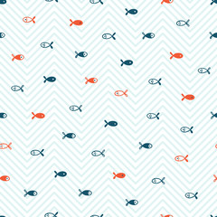 Fishes Seamless Pattern. Background for Kids with Hand drawn Doodle Cute Fish. Cartoon Sea Animals Vector illustration in Scandinavian style
