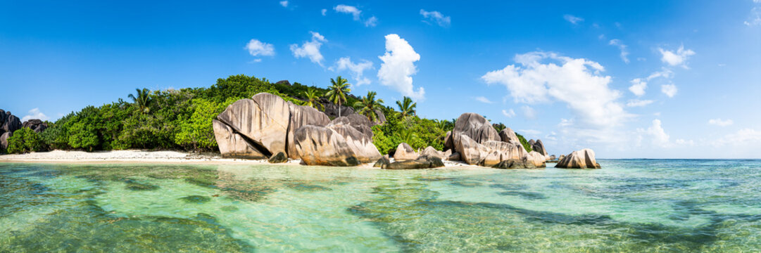 Panoramic view of Anse Source d'Argent beach in the Seychelles