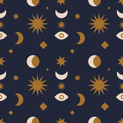 Obraz na płótnie Canvas Seamless pattern with space objects. Sun, Moon and stars. 