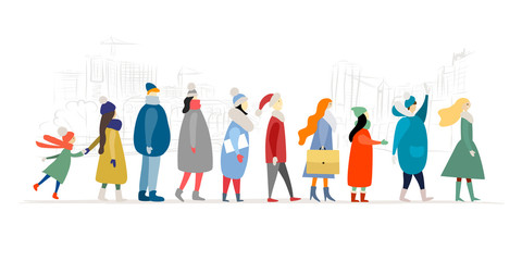 People of different ages and gender stand in line. Flat style characters. Use for illustration queue at the bank, hospital, store etc. Winter season