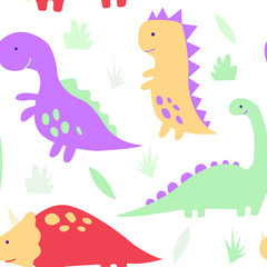 Cute dinosaurs, tropical plants.Funny cartoon dinosaurs seamless pattern.Vector colorful illustration with animals.Hand drawn vector texture 
