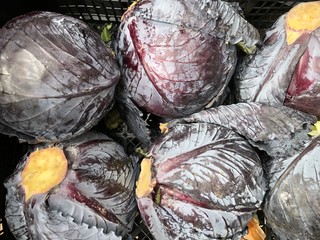 Fototapeta na wymiar Group of red cabbages in a supermarket, Cabbage background,