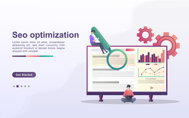 SEO Optimization concept. SEO marketing company, SEO result optimization, SEO Ranking. Can use for web landing page, banner, flyer, mobile app. Vector Illustration