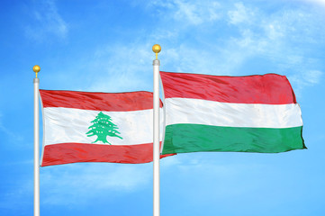 Lebanon and Hungary two flags on flagpoles and blue cloudy sky