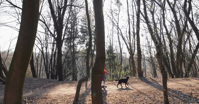 COVID-19 coronavirus infection Woman dressed in orange red coat wearing Protective Face Mask walking in the park with dog. Sunny day Sun flayers pandemic disease virus epidemic air