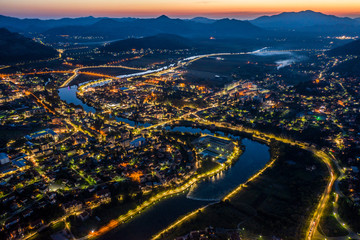 Fototapeta premium Panoramic aerieal view on city of Trebinje, Bosnia and Herzegovina, Europe at dusk time.