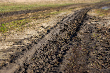 Traces of the tire tread of a car on a dirt road
