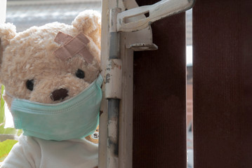 The little bear is wearing a surgical mask. Hide behind the door. Stay home, stop the infection,...