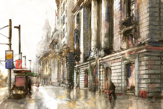 Digtal Painting and Drawing with oil color of Historical architecture on the bund of Shanghai with reflection of buildings on rain and mist in city Shanghai, China