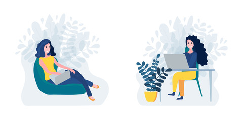 Set of two happy woman working online on laptop, sitting on chair and on beanbag. Concept of freelancer work. Stay in home or work in home during quarantine. Online shoopping. Flat vector illustration