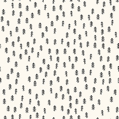 Vector seamless pattern with fir trees in monochrome. Background with small simple pine trees in doodle handdrawn style. Good for textile, digital paper, wrapping paper, fabric, decor, prints.