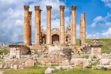 The temple of Artemis ruins in Jerash, Jordan. The temple was built on one of the highest points of the city and is one of the most remarkable monuments left of the ancient city of Gerasa