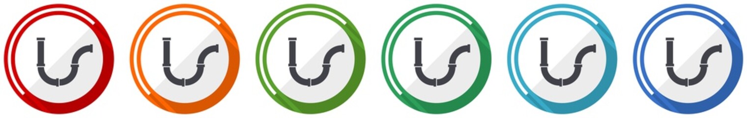 Pipeline icon set, tube, pipe and industrial flat design vector illustration in 6 colors options for webdesign and mobile applications