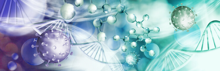 Abstract image of coronaviruses on the background of a stylized image of the DNA chain.