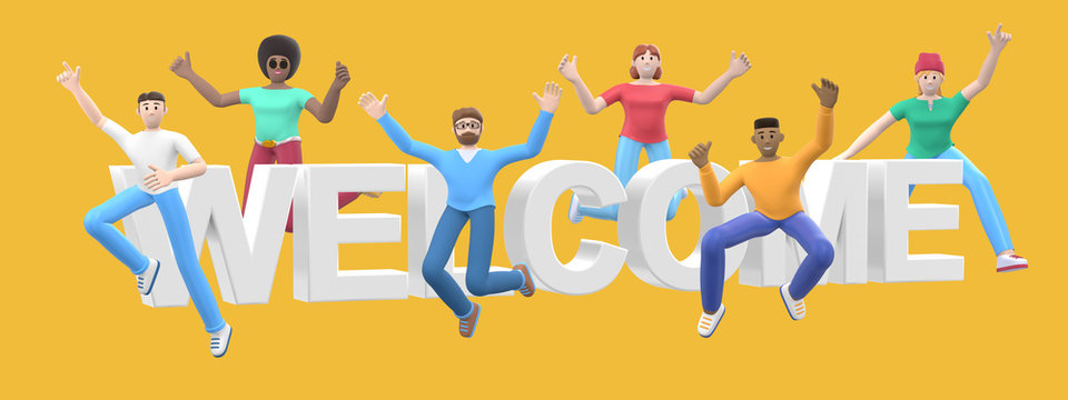 The word welcome on a yellow background. Group of young multicultural happy people jump and dance together. Horizontal banner cartoon character and website slogan. 3D rendering.