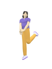 3D rendering character of an Asian girl jumping and dancing holding his hands up. Happy cartoon people, student, businessman. Positive illustration is isolated on a white background.