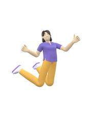 3D rendering character of an Asian girl jumping and dancing holding his hands up. Happy cartoon people, student, businessman. Positive illustration is isolated on a white background.