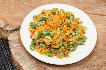 Food; plate with variety of chopped vegetables.