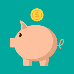 Piggy bank with coins flat icon isolated on white background. Vector illustration.