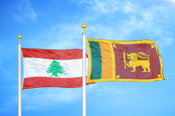 Lebanon and Sri Lanka two flags on flagpoles and blue cloudy sky
