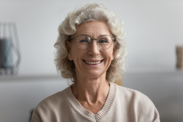 Fototapeta na wymiar Head shot close up happy elderly senior woman in eyeglasses posing for photo. Portrait of smiling middle aged grandmother in eyewear looking at camera, holding video call with relatives or friends.