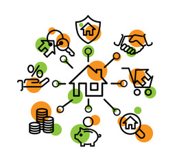 Buy property, buying a house icon set in outline design, clip art, sign, symbol, colours.